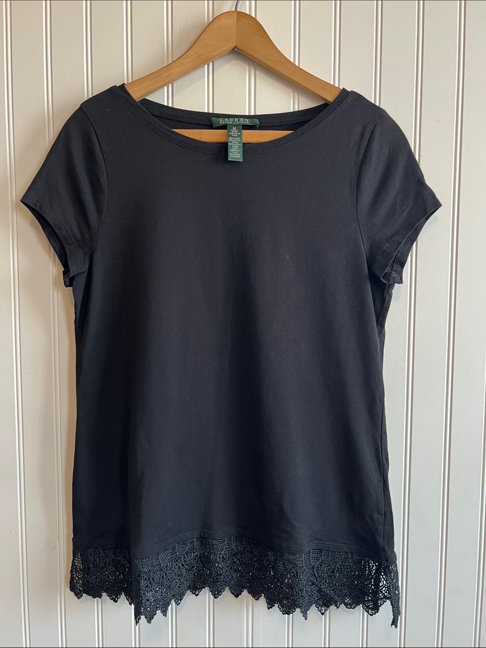 Lauren Ralph Lauren Black Short Sleeve Tee with Crochet Hem
